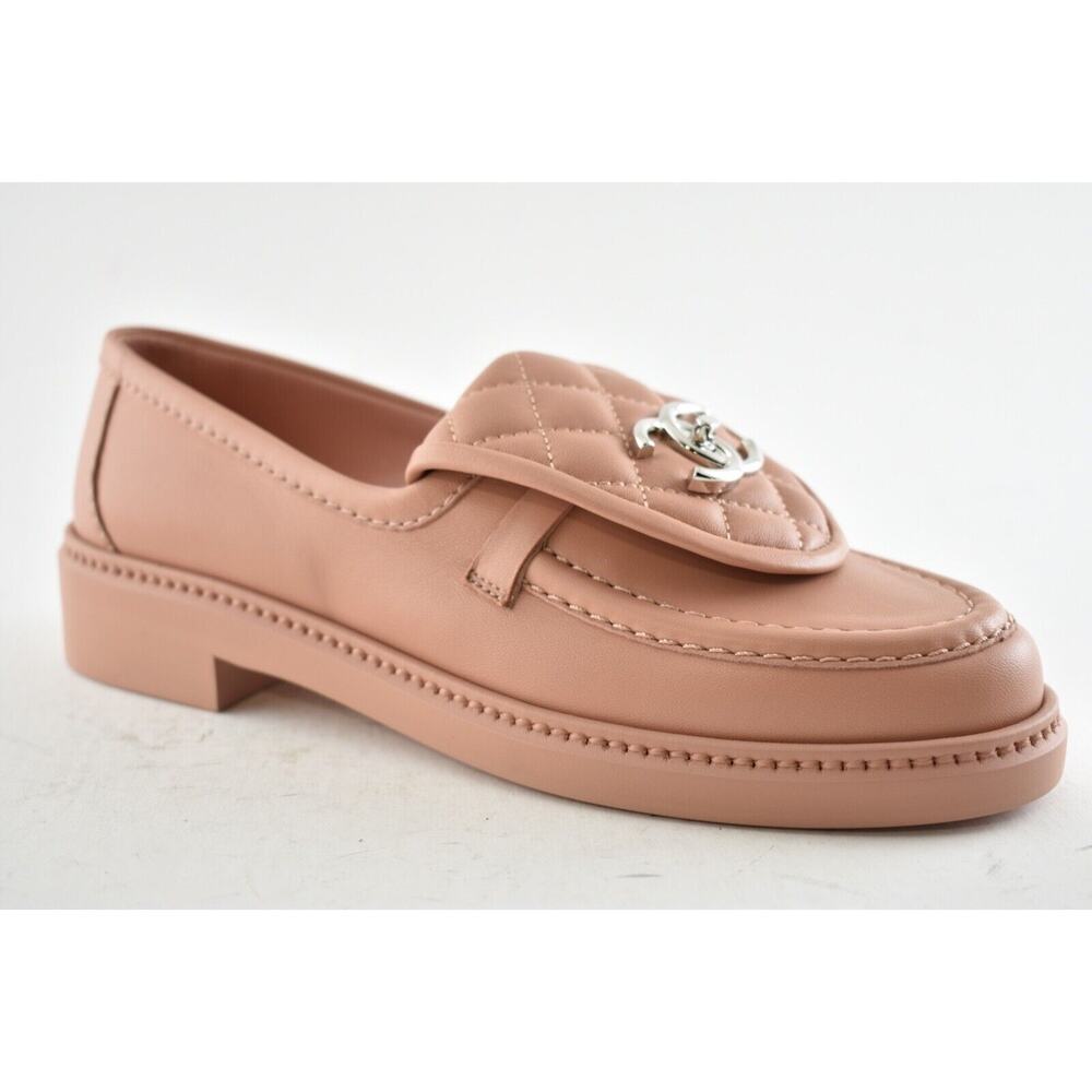 Chanel 21B Pink Silver Quilted Flap Turnlock CC Logo Mule Slip Flat Loafer 39.5 - Picture 3 of 11